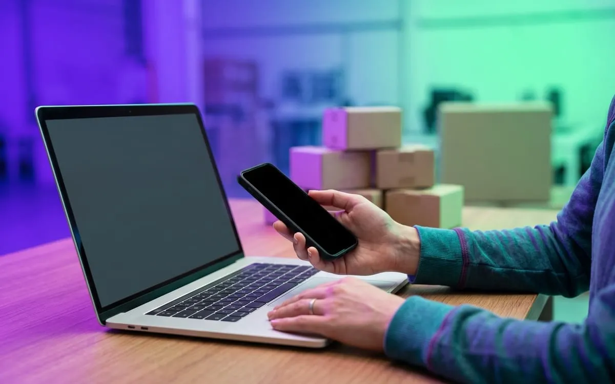 Una notifica di spedizione sullo smartphone, accanto al portatile