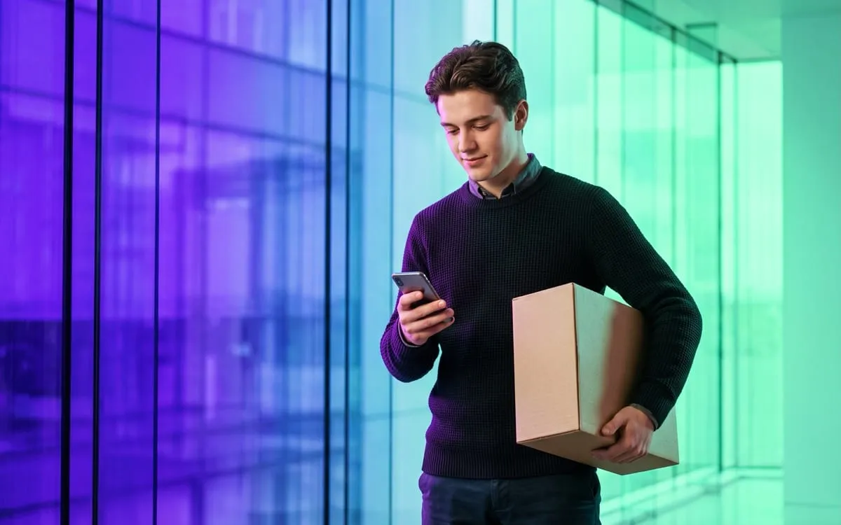 Un ragazzo segue sullo smartphone la spedizione del pacco che ha in mano