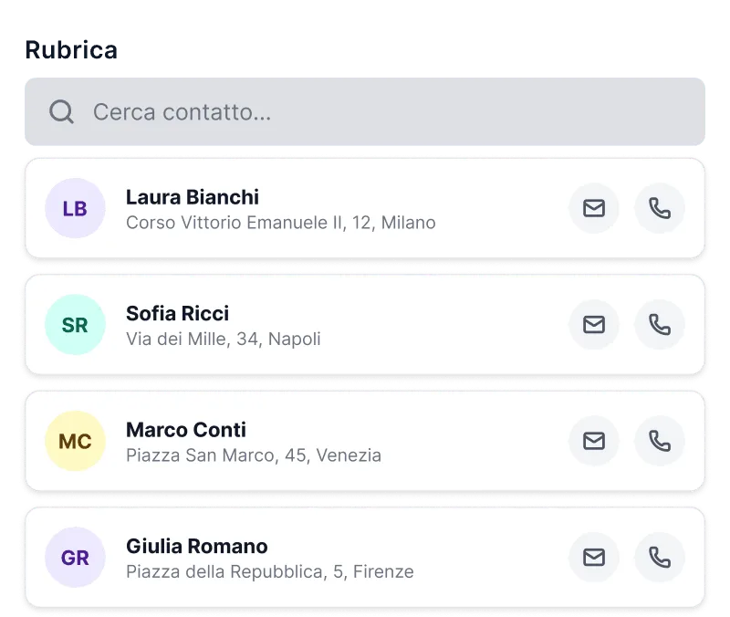 La rubrica dei destinatari, con indirizzo e contatti