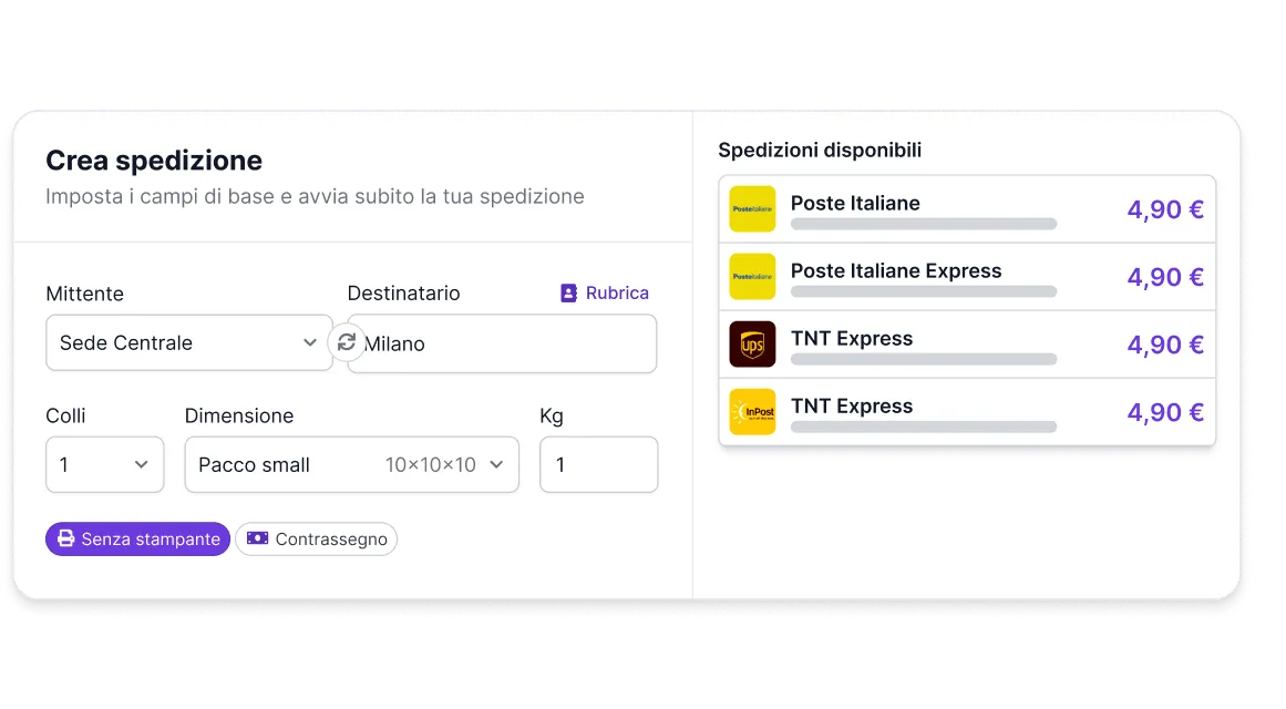 La creazione di una spedizione, con i prezzi dei corrieri a confronto