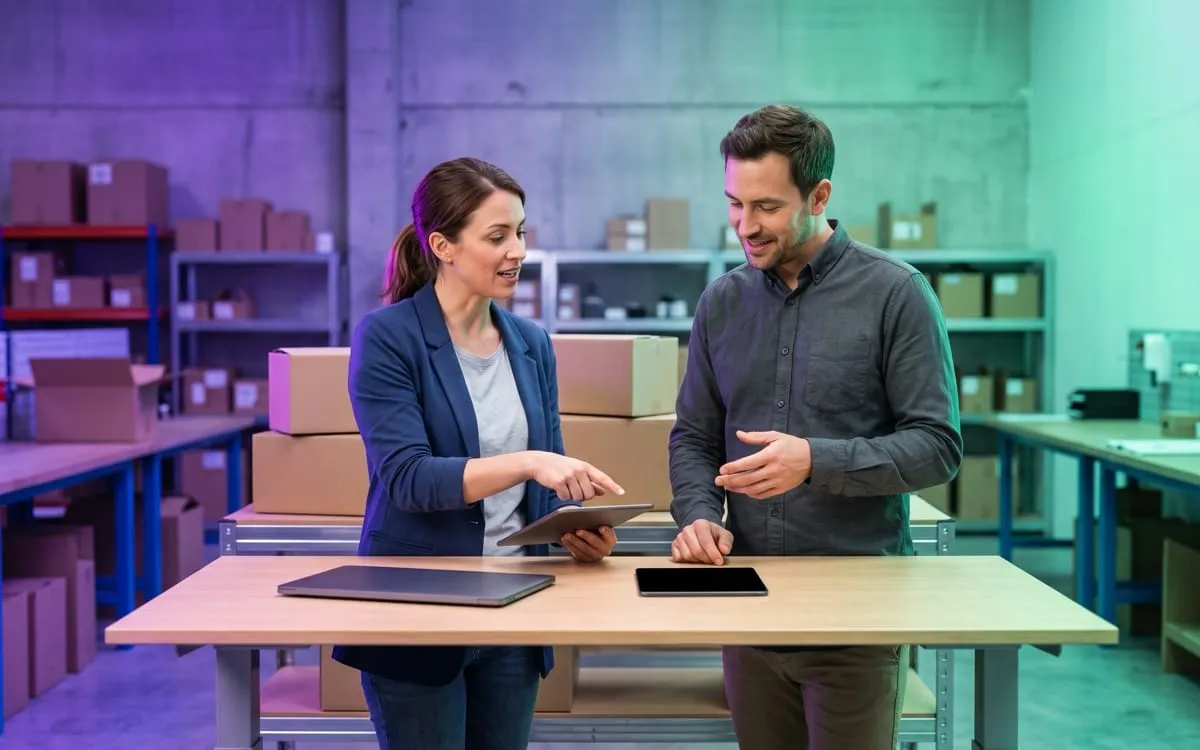 Due colleghi in magazzino configurano l'integrazione sul tablet